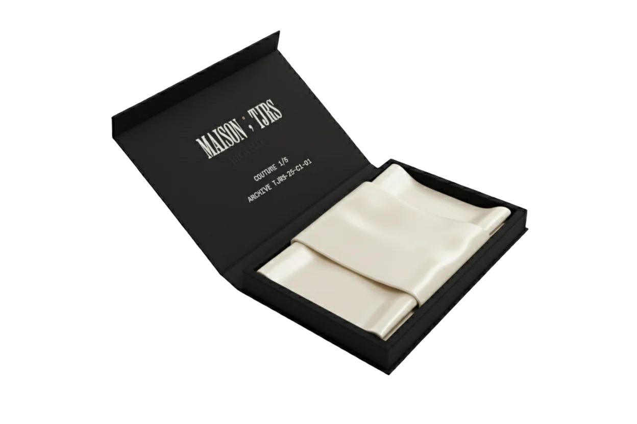 The archival box, open: black card, the house mark and record printed inside the lid, and ecru silk.