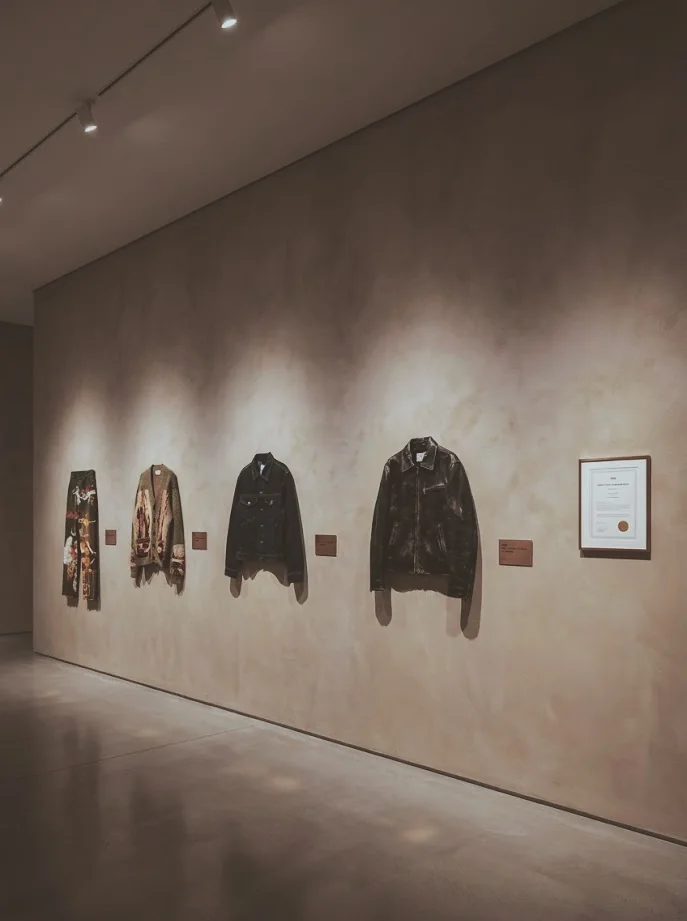 The exhibition wall: four garments hung in a row with their plaques, and the framed certificate at the right.