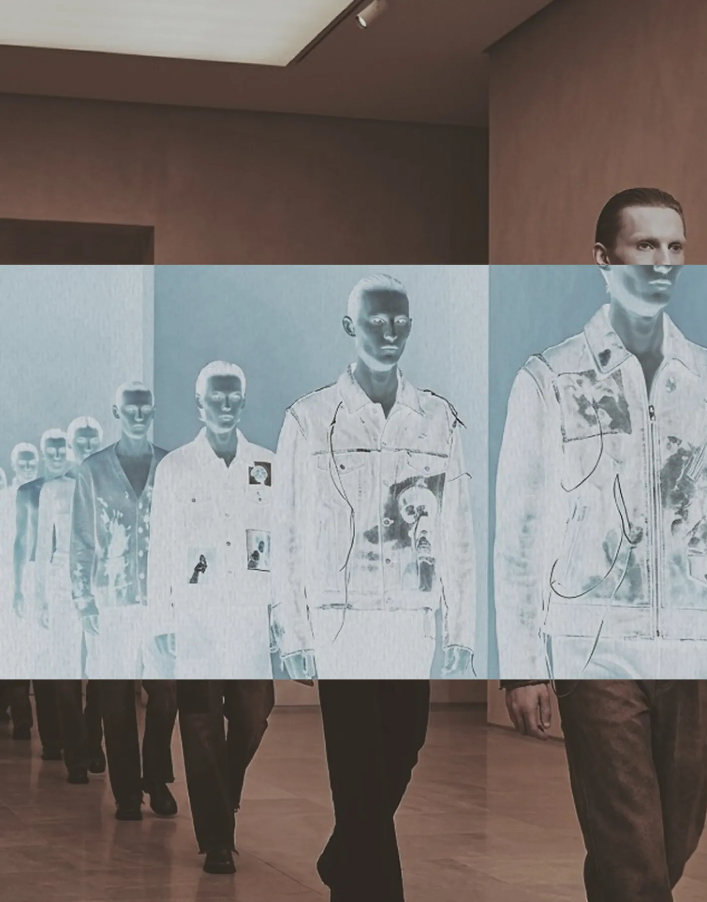 Procession, treated: the same walk, with an inverted horizontal band cut across the models.