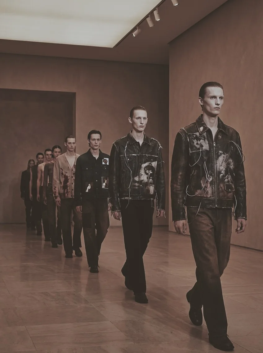 The runway study, untreated: the collection walking in procession through a warm gallery.
