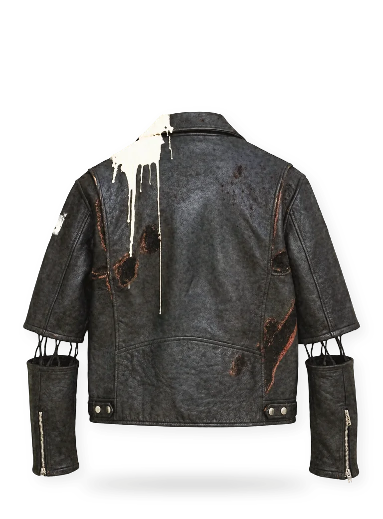 WOUND, back: the carved and punctured leather shell and separated sleeves.